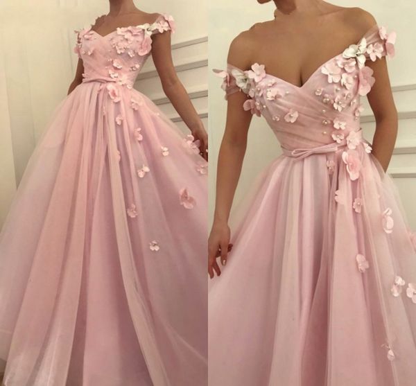 2019 3D Flores Pérolas Prom Vestidos Vestido de Formatura Fora Do Ombro Cap Manga Pregas Arco Império Cintura A Linha de Vestidos de Noite Vestido Formal