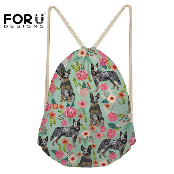 

forudesigns school girls small drawstring bag cute australian cattle dog flower cream print women's storage cinch shoulder bags