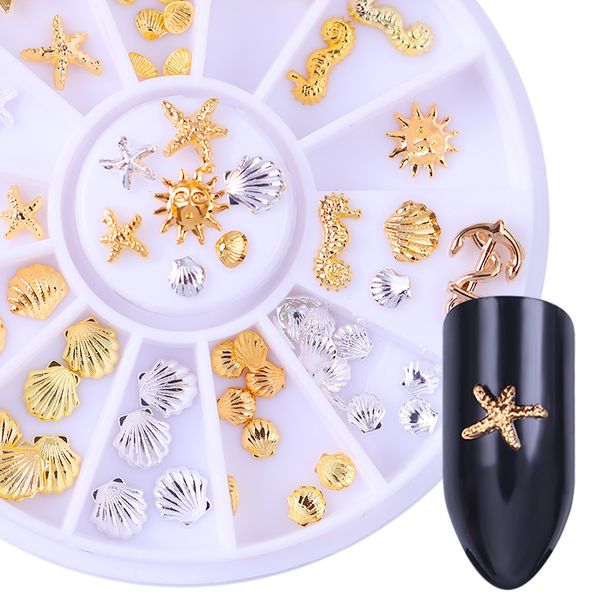 

gold silver shell pattern nail rivet studs starfish shell anchor 3d nail decoration manicure art decor in wheel, Silver;gold