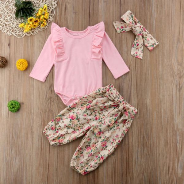 

newborn baby girl flowers romper harem pants headband outfits clothes size 0-24m, White