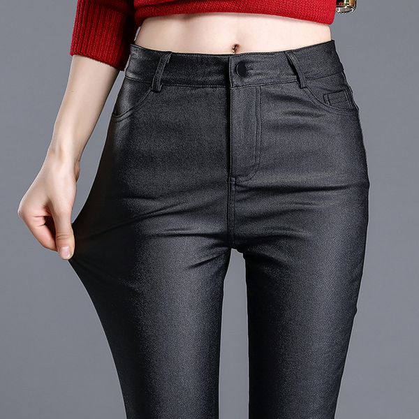 

women clothes winter wear korean plus velvet matte pu imitation leather pants female waist elastic pencil pants female feet, Black;white