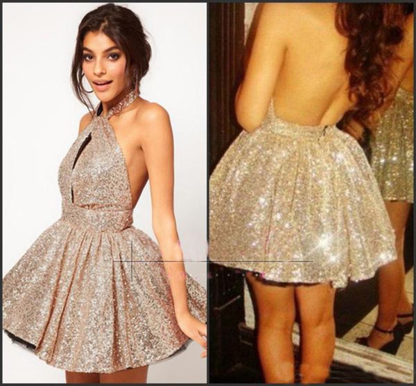 

Cheap Backless Cocktail Dresses Sexy Halter Sequins Backless Mini Short Club Wear Sparkling Prom Homecoming Gowns Cheap