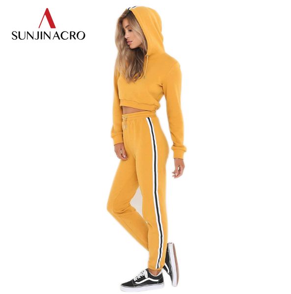 

sunjinacro осень женщины 2 шт. спортивная одежда урожай с капюшоном топ с боковыми ребрами полосы брюки молодая женщина 2 компл. спортивный, Gray