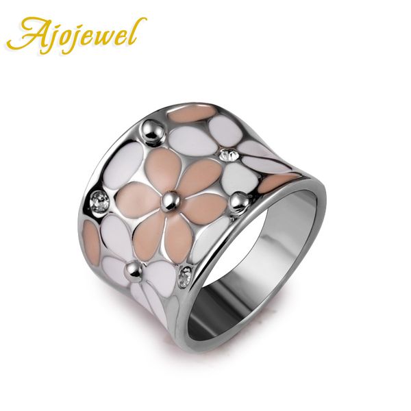 

ajojewel #7-9 elegant pink jewelry sweet style big women enamel flower ring band with cz, Golden;silver