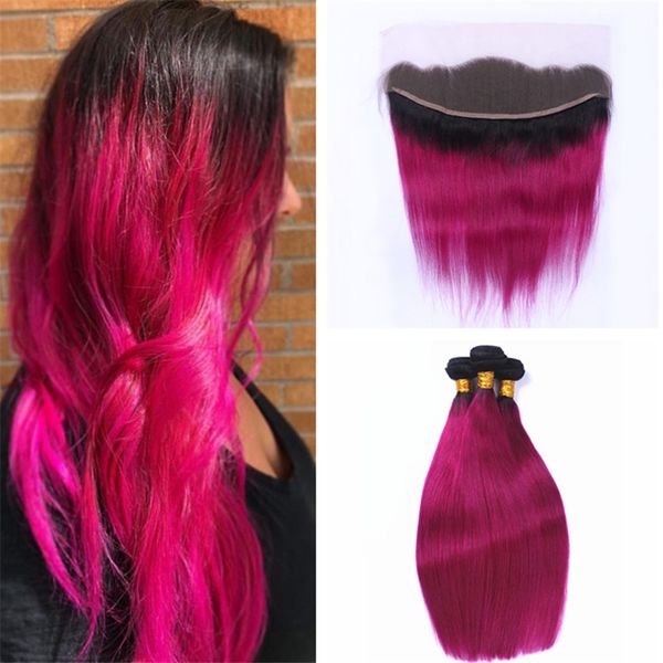 2019 Ear To Ear Frontal With Pink Hair Bundles Dark Roots Hot Pink