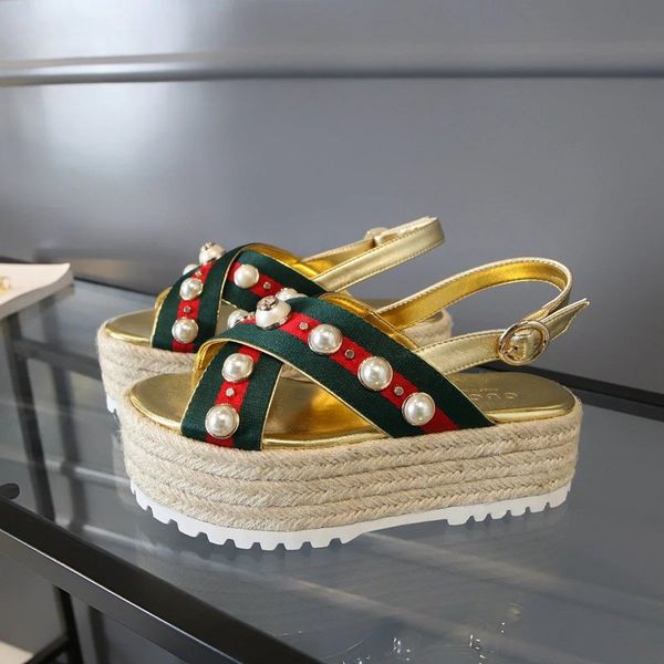 

classic ribbon pearl sandals heel 6cm women casual handmade walking tennis sandals slippers mules slides thongs, Black