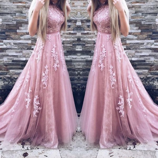 Vintage Pembe A-Line Gelinlik Modelleri Dantel Aplikler Yumuşak Tül Örgün Akşam Elbise Glamorous Balo Parti Törenlerinde