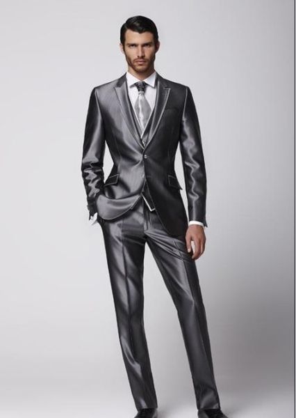 

groomsmen peak lapel groom tuxedos shiny dark grey men suits wedding/prom man blazer/bridegroom ( jacket+pants+vest+tie ) m584, Black;gray