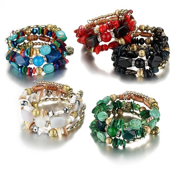 

natural stone beads jewelry multi layer charms elastic bracelets bangles for women flower pendant bracelet joyeria factory wholesale, Golden;silver
