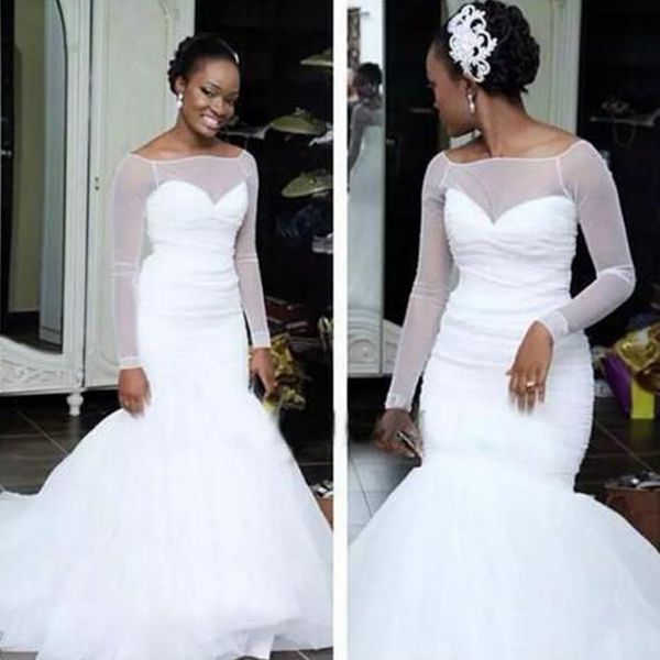 

vintage romantic long sleeve mermaid wedding dress church garden western formal black girl bridal gown plus size custom made, White