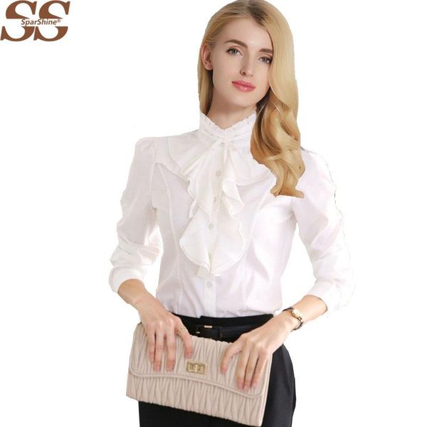 

Новое прибытие шифон оборками женщины рубашки Леди белые рубашки с длинным рукав