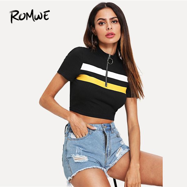 

romwe sport black zipper stand collar short sleeve striped pattern knit running short t-shirts women slim fit sportwear crop tee, Black;blue