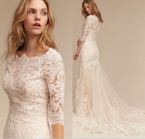 

длинные богемной 2018 русалка свадебные платья половина рукава полный кружева аппликация летние свадебные платья пляж на заказ свадебное пла, White