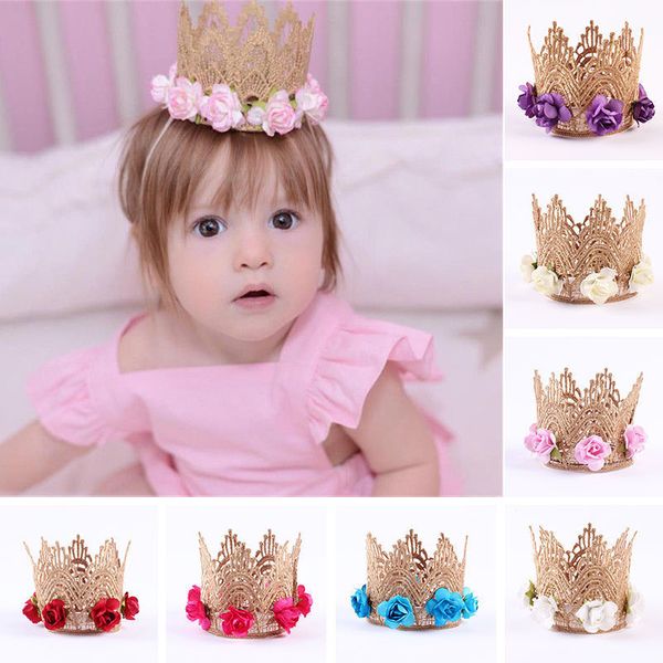 Bambino bambino bambina ragazza carino fiori di pizzo corona dorata fascia fascia per capelli accessorio di abbigliamento copricapo principessa usura della testa del partito