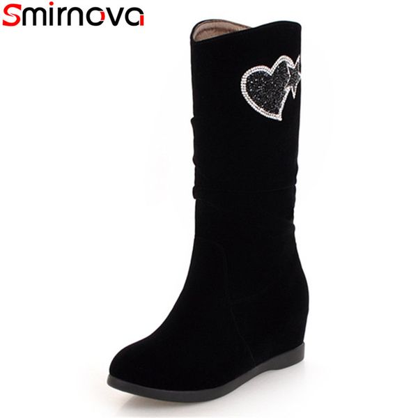 

smirnova 2018 new arrival knee high boots round toe height increasing heels boots black red appliques women's winter shoes
