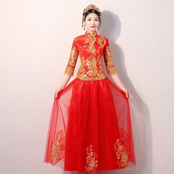 

red wedding bride chinese style cheongsam traditional lady long qipao embroidery women's evening dress marry clothes s - xxl