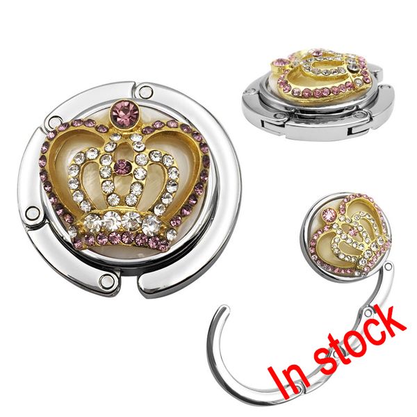 

2018 crown rhinestone crystal handbag zinc alloy crafts acrylic decorated bag hanger/ foldable bag hook holder restaurant luggage xl-605, Slivery;crystal