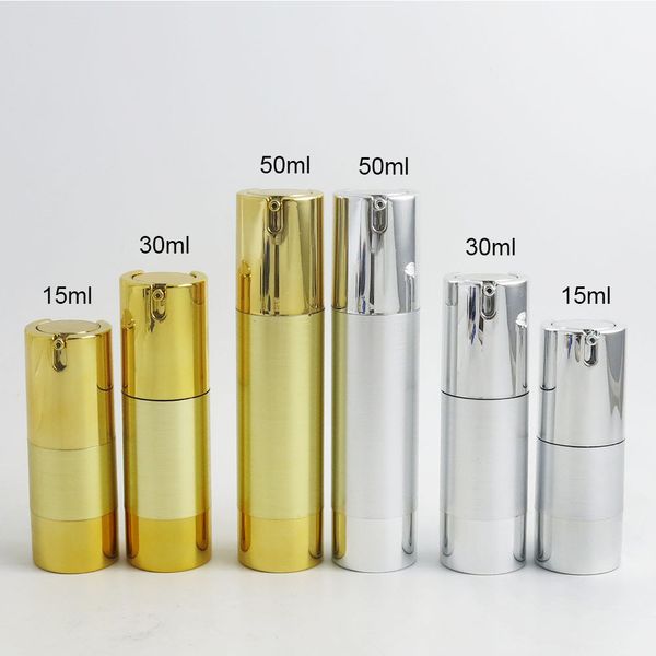 300 x 15 ml 30 ml 50 ml Bottiglia per pompa per lozione airless in alluminio Contenitore airless da 1 OZ Confezione airless per lozione da 30 ml Colore oro argento