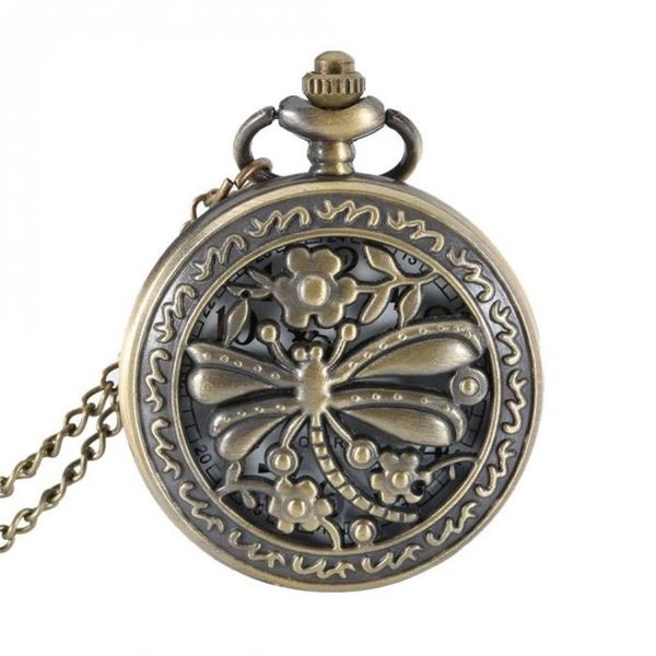 

retro bronze hollow round dragonfly pattern quartz & fob pocket watch with necklace full steel pendant watch women gift pw351, Slivery;golden