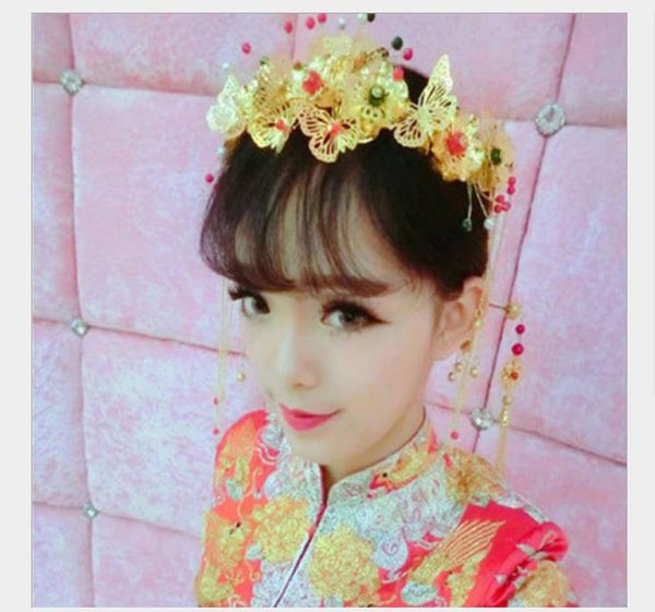 

chinese brides headwear, costumes, golden hair, hairpin, five sets of wedding accessories, phoenix crown, bridal ornaments, Slivery;golden