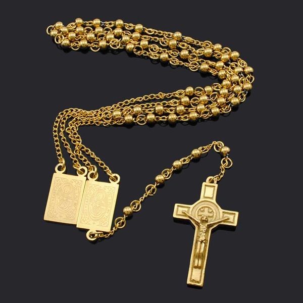

Оптовая продажа-18k позолоченные четки бусины Иисус кусок крест религиозные нержавеющей стали ожерелье женские мужские золотая цепь для мужчин горячие продажа BRN18