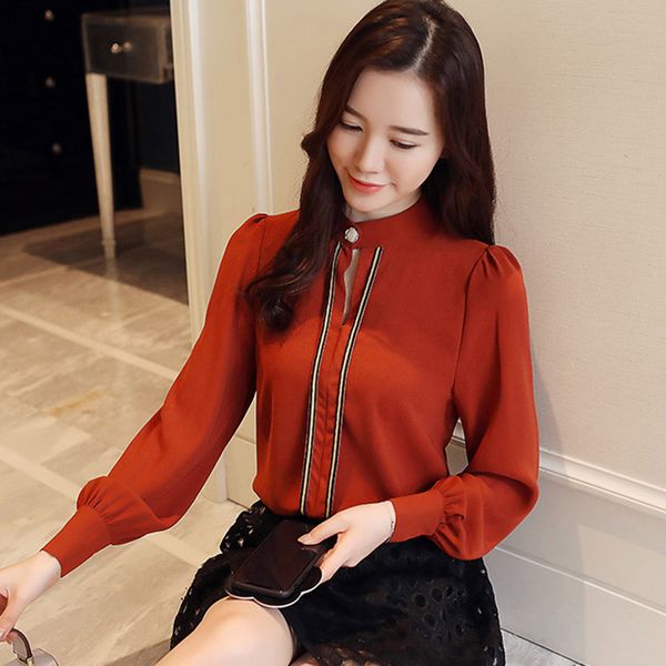 

female autumn blouse shirt korean professional long-sleeved wild chiffon shirt stripes straight lanterns sleeves collar button, White