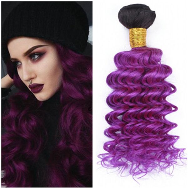 Ombre Roxo Peruano Virgem Do Cabelo Humano Tece Extensões de Onda Profunda Raiz Escura 1B / Roxo Ombre Cabelo Humano Bundle Ofertas 10-30 