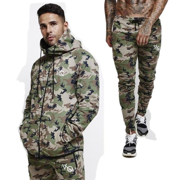 

2018 new fashion men camouflage gyms sets men long-sleeved hoodies+pants two-piece male tracksuit men's casual sportswear suits, Gray