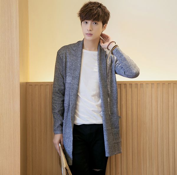 

knitted cardigan men sweater shawl collar long sleeve open front pull homme casual long mens cardigans autumn thin knitwear coat, White;black