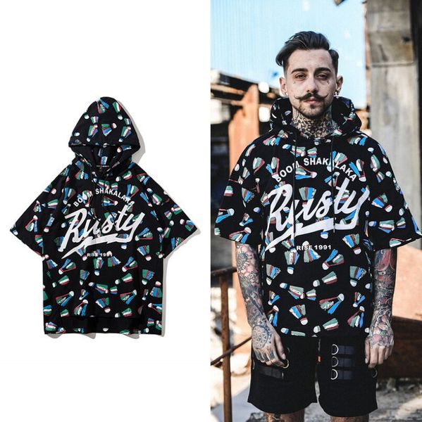 

men multicolor graffiti hoodies short sleeve men hoodie sweatshirt letter print pullover tees shirt streetwear size m-xxl, White;black