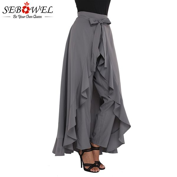 

sebowel women high waist wide leg pants grey chiffon palazzo pants pantalones trousers female plus size tie-waist ruffle, Black;white