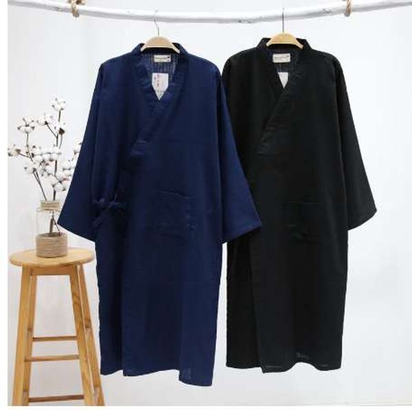 Pure Black Kimono vestes homens 100% gaze algodão simples nightwear verão spa roupas kimono japonês macho banheiros pijama hombre