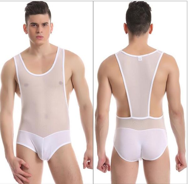 

nylon sheer men' fitness conjoined vest mesh thin transparent body shaper men underwear male bodysuits jumpsuits, White;black