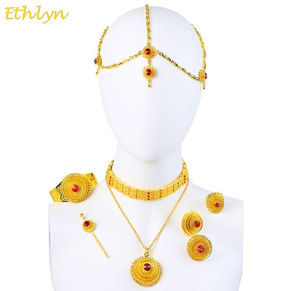 

whole saleethlyn luxury ethiopian eritrean traditional jewelry choker sets gold color stone wedding jewelry sets women s097, Slivery;golden
