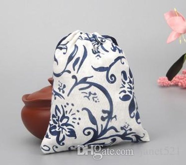 

gift bags jute drawstring bags, chinese ceramic pattern 9x12cm gift bag packing storage linen jewelry pouches, Pink;blue