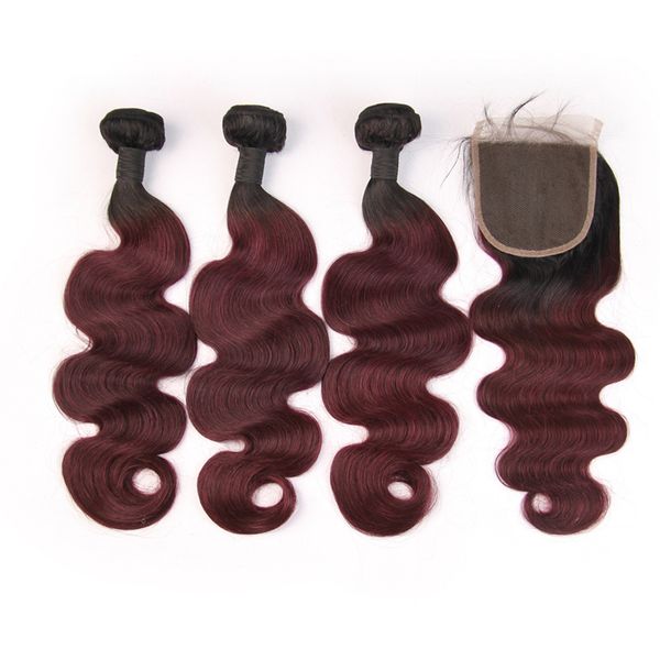 

3 bundle with 4*4 inch lace closure 1b/99j burgundy dark wine brazilian human hair bundles with closure, Black;brown