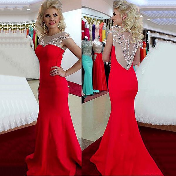 

glamorous red satin jewel neckline mermaid evening dresses illusion crystal beadings sheath prom party dresses custom made, Black;red