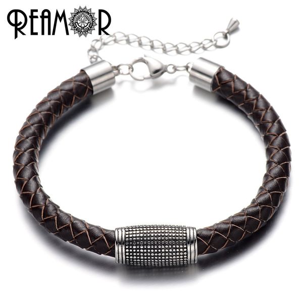

reamor 316l stainless steel round dot barrel bead genuine leather charm men bracelets with adjustable chains lobster clasp, Golden;silver
