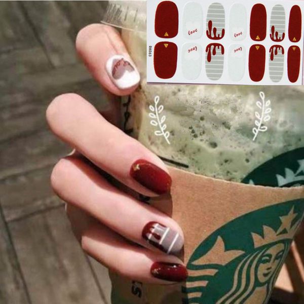 

14 tips nail art full cover self adhesive stickers polish foil transfer tips wraps 3d waterproof nail stickers decals manicure, Black