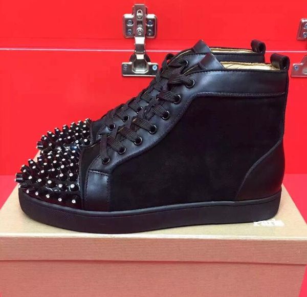 

with box] fashion black spikes sneakers red bottom shoes women,men trainers high lace-up spikes red sole 35-46