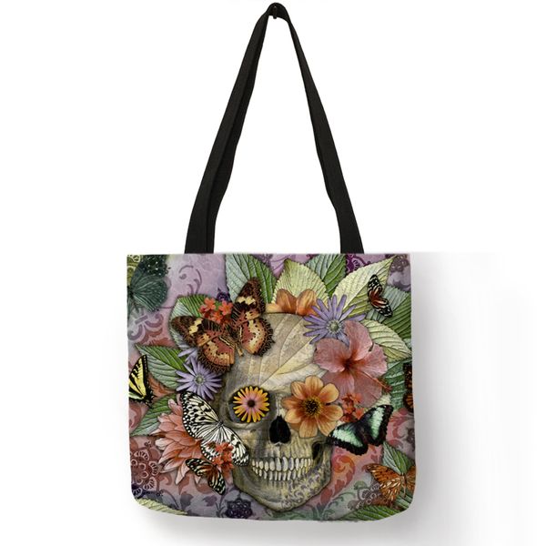 

dropshipping floral skull customized tote bag linen handbags for women lady eco reusable shopping bags traveling