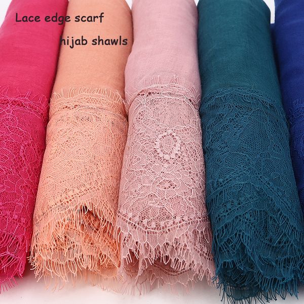 

50 pcs/lot lace edges beautiful hijabs scarves women plain/solid soft viscose head scarf oversize muffler shawl
