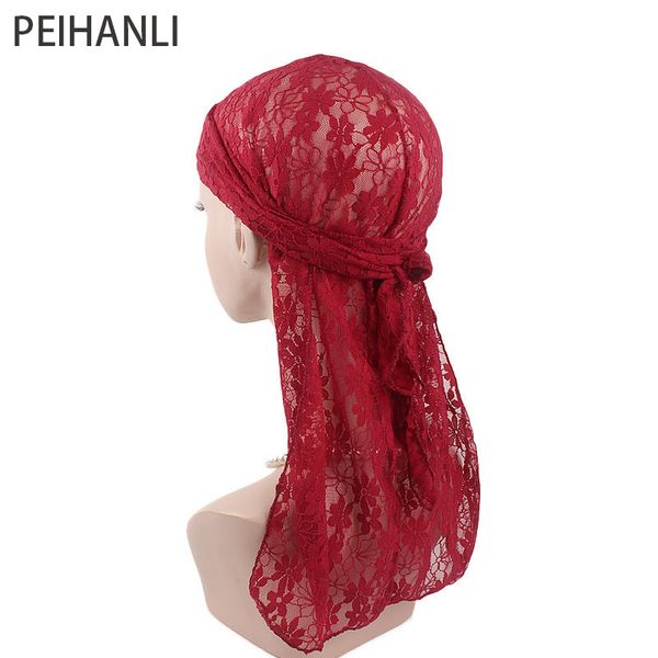 

peihanli new style women headscarf fashion luxury lace mesh turban solid color headwraps elastic strechy nylon plait chemo cap