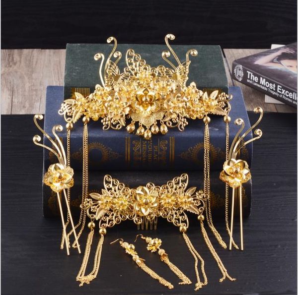 

bridal costume, headdress set, golden retro phoenix crown, hairpin ornaments, Silver