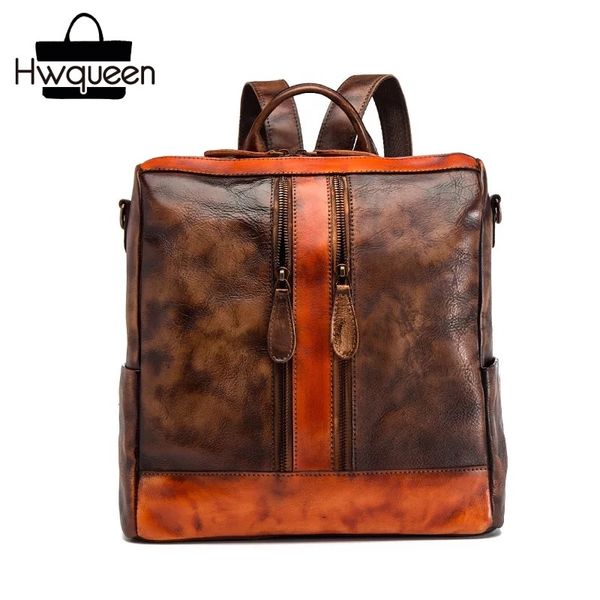 

unique color-mixing designer genuine vegetable tanned leather girls bag pack zipper closure vintage woman lady travel backpack