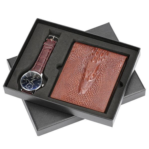 

men wrist watch+wallet gift set for male business style quartz watches man brown leather mens watches present father boyfriend, Slivery;brown