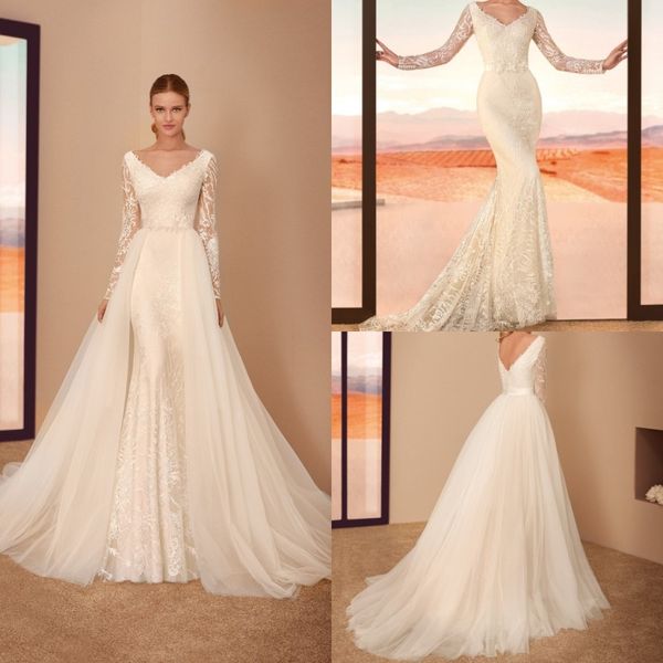 

cabotine 2019 свадебные платья со съемным поезд свадебные платья кружева аппликации с длинным рукавом спинки плюс размер русалка свадебное п, White