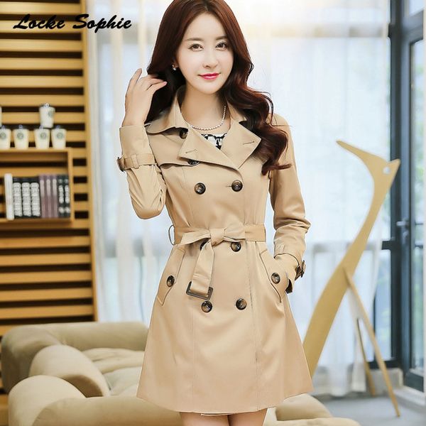 

women plus size trench coats 2018 autumn fashion cotton blend double-breasted waist belt windbreaker ladies skinny trench coats, Tan;black