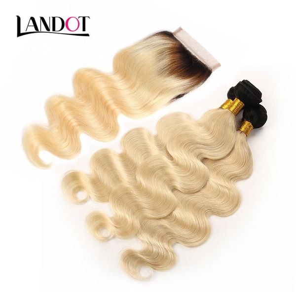 9А Цвет 1B / 613 Ombre Blonde Lace Closure с 3 Связки Бразильская Деве человеческих волос переплетений Body Wave перуанский малазийского индийской Реми волос