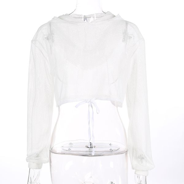 

focal20 streetwear women mesh hollow out crop long sleeve hooded bandage fashion cropped t shirt summer, White